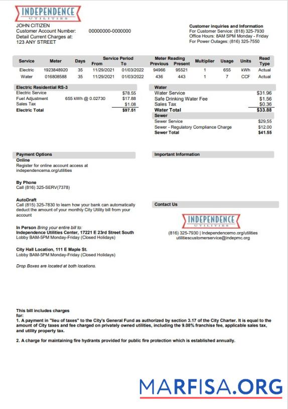 Printable USA Missouri Independence Utilities utility bill template in Word and PDF format, version 2